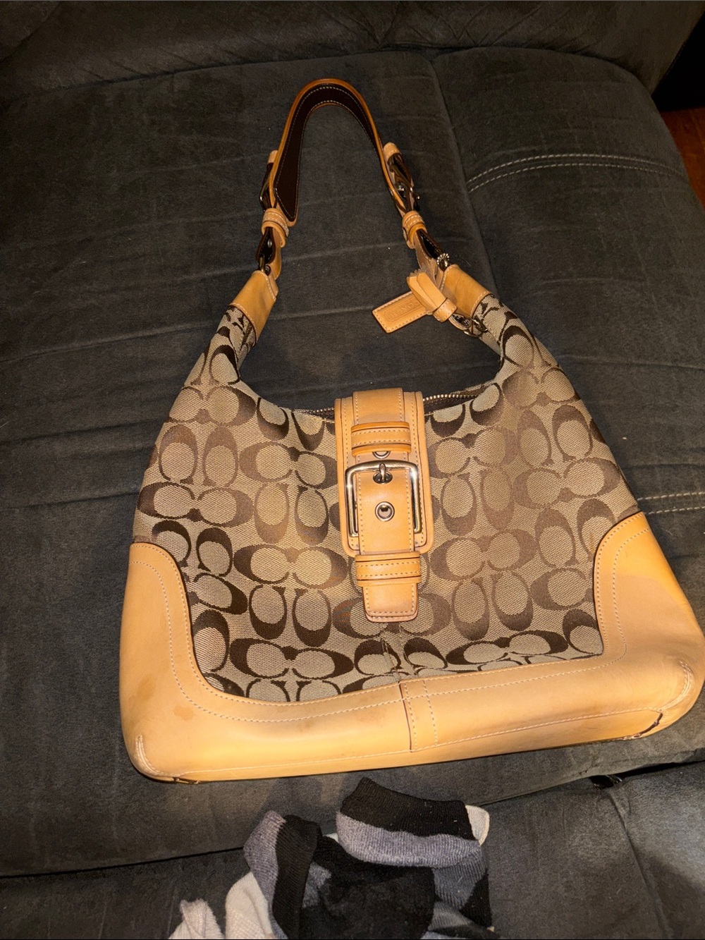Coach Brown Signature Canvas Hobo with Tan Leather Trim